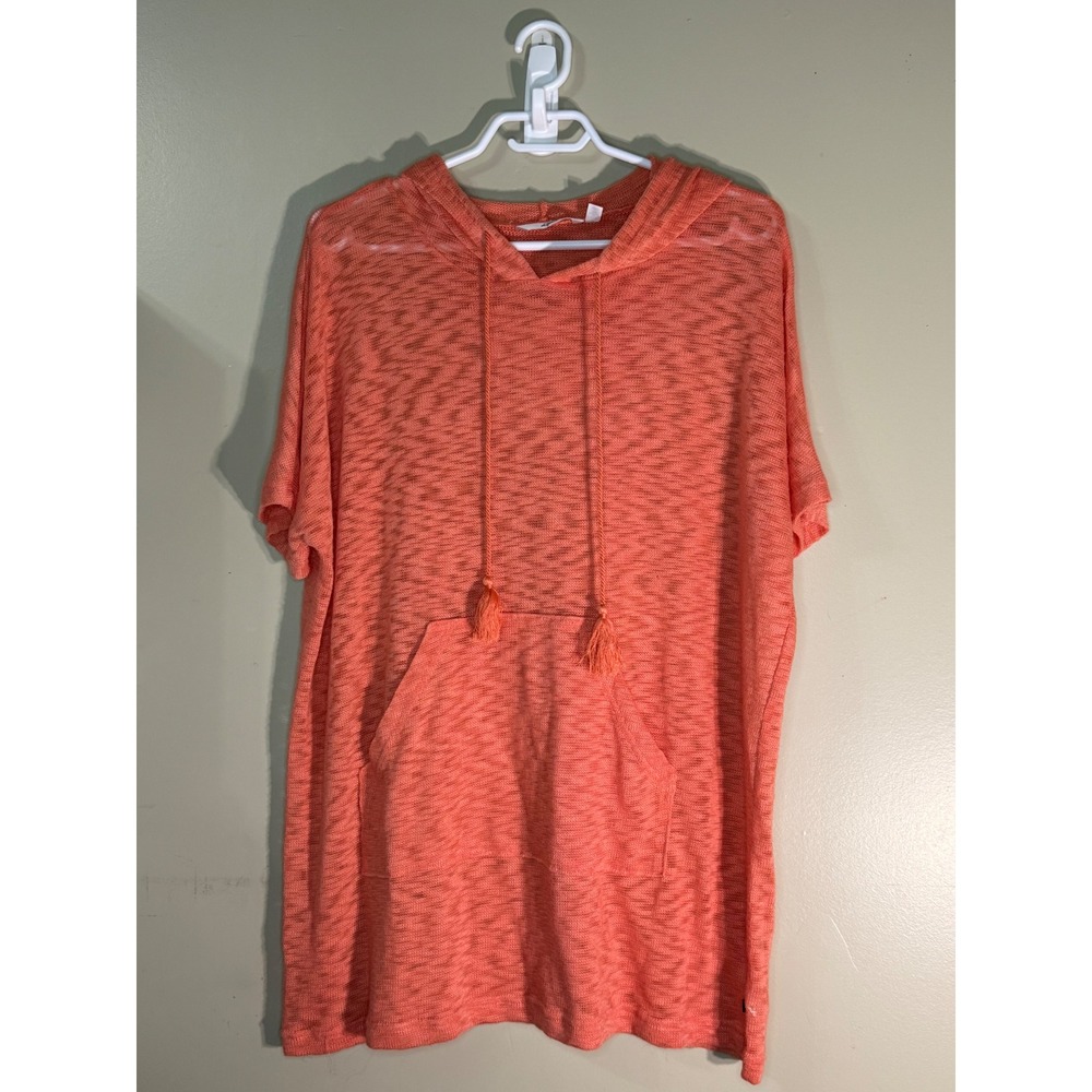 La Vie en Rose Aqua Coral Orange Short Sleeve Hoodie Knit Top Tassel Drawstring